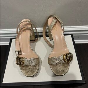 Gucci Marmont Metallic Leather  Gold Heeled Sandals
